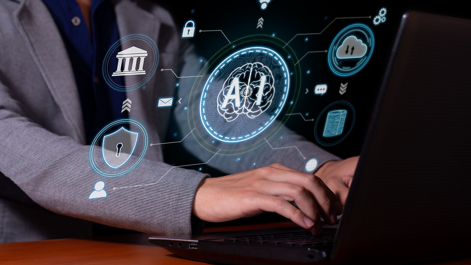 A lawyer typing on a laptop with a digital AI interface overlay, representing adopting artificial intelligence safely in a New Jersey legal practice
